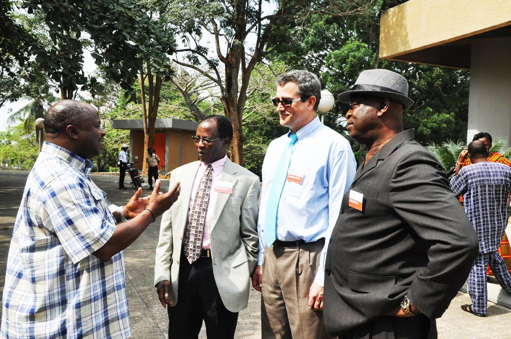 L-R: IITA Director General Nteranya Sanginga; Bill & Melinda Gates Foundation Senior Program Officers Vasey Mwaja and Lawrence Kent; and Project Leader, Sustainable Weed Management Technologies for Cassava Systems in Nigeria, Alfred Dixon, during the kick-off workshop in Ibadan 28-31 January. 