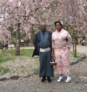 Picture of Dr and Mrs Sanginga wearing the traditional  Japanese kimono