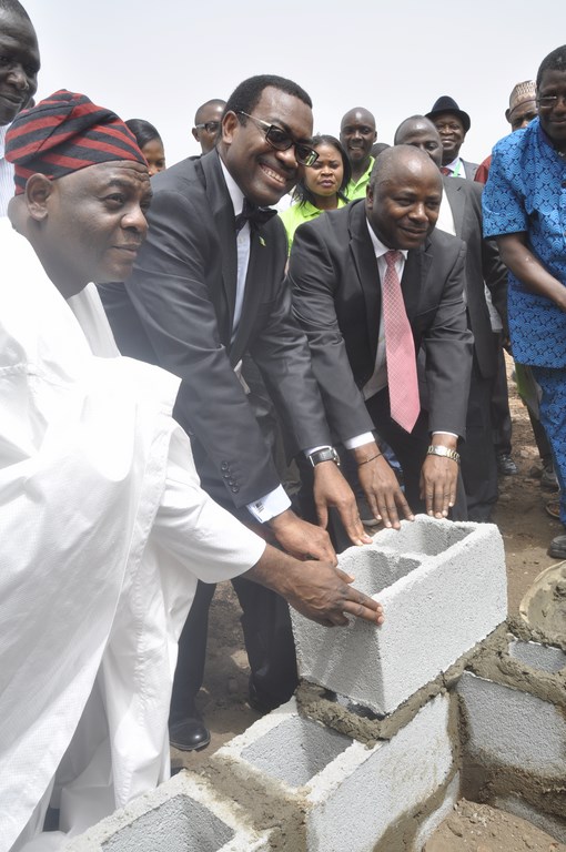 Akinwumi Adesina, Minister of Agriculture (in glasses, center) and DG Nteranya Sanginga (in pink tie) with guests during the stone-laying ceremony in IITA. Abuja.