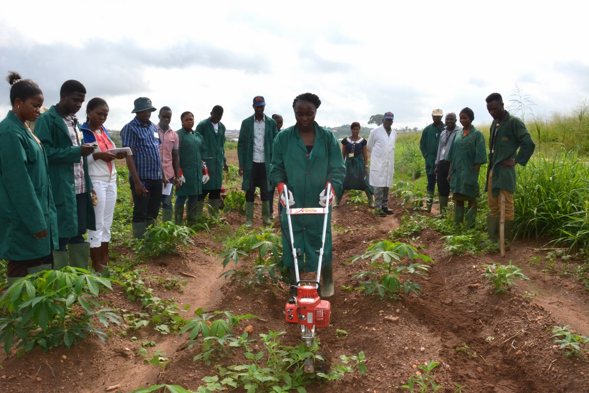 A trainee demonstates the use of the mechanical weeder on the field as other trainees looks on.