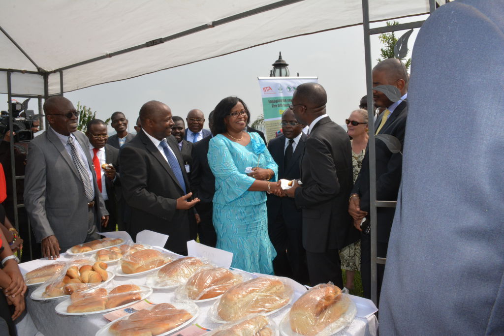 Picture of Mrs Charlotte Sanginga shaking hands with the honorable prime minister at the exhibition booth.