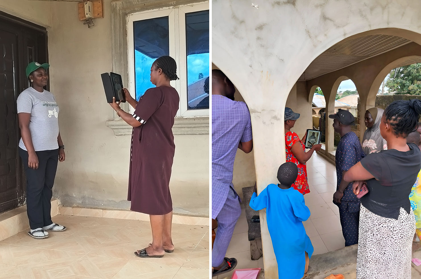 Processor interviewing and filming IITA research team member (left) and members of a farmer's household reviewing a video (right)