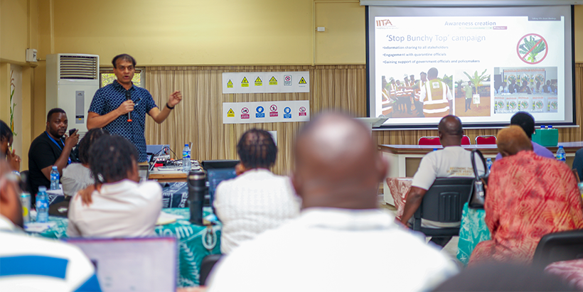 Dr Dorcas Ibitoye of NIHORT presenting on banana seed systems in Nigeria and released varieties.
