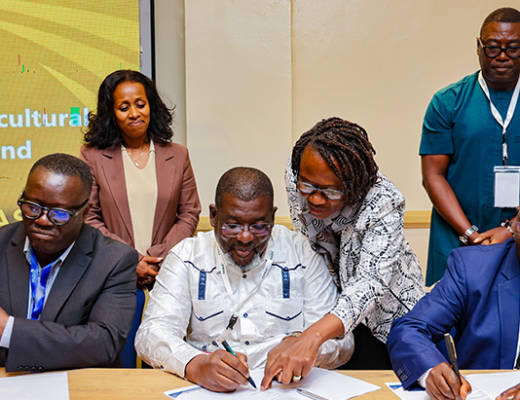Head of the CGIAR Liaison Office for Africa, Covic Namukolo, IITA Deputy Director General for Partnership for Delivery and Scaling, Dr Tahirou Abdoulaye; ASARECA, Executive Director, Dr Sylvester Baguma, and Geoffrey Onaga representing Knowledge Management Community of Practice during the signing of the Framework at AASW9.