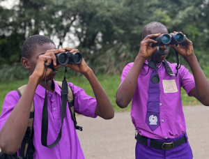 Young conservationists take turns observing birds through binoculars at the IITA Forest Centre. Photo: Ogheneovie Kome
